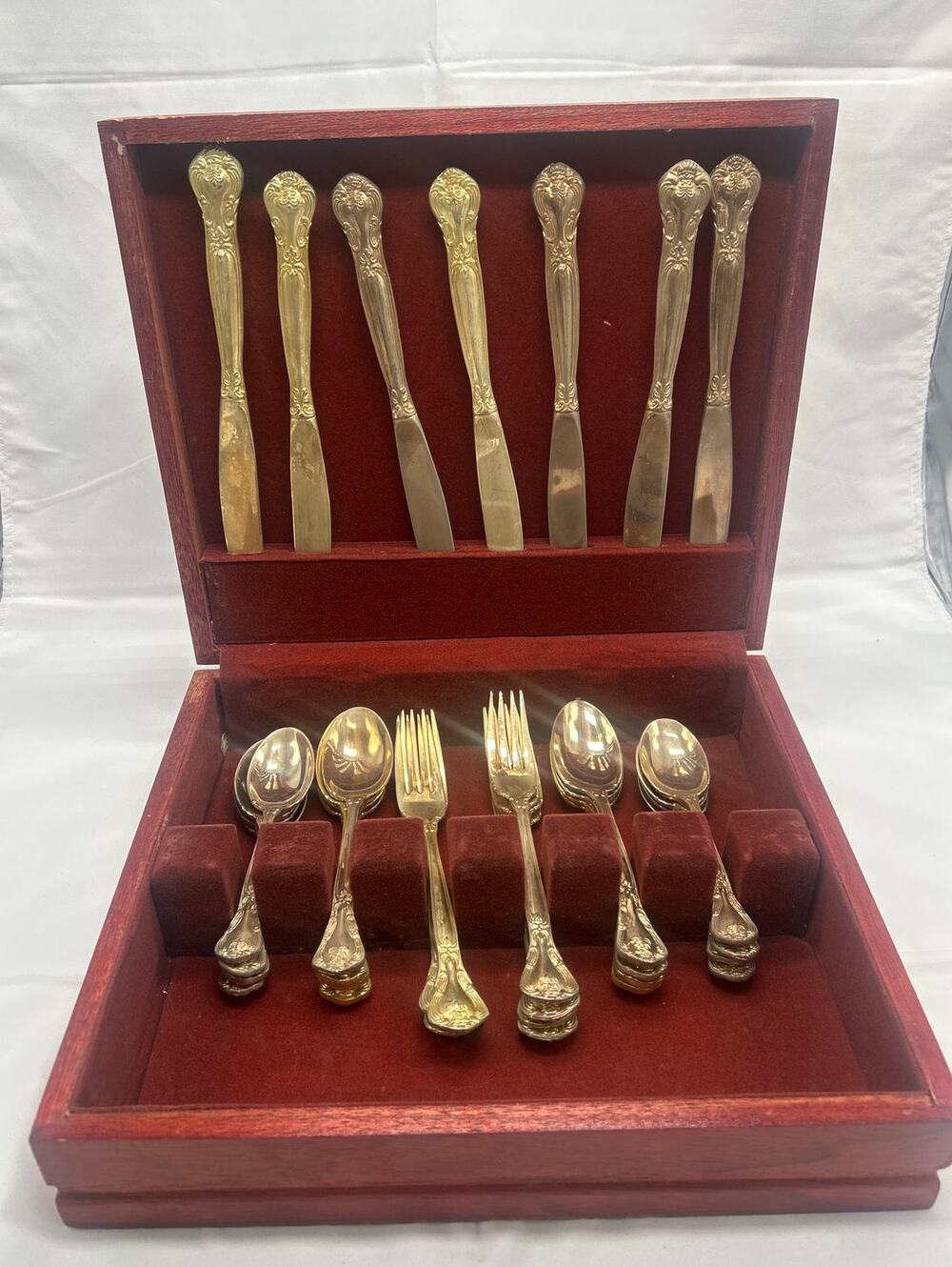Godinger Grand Master Gold Plated Flatware Service 8 Box Missing Knife Fork VTG